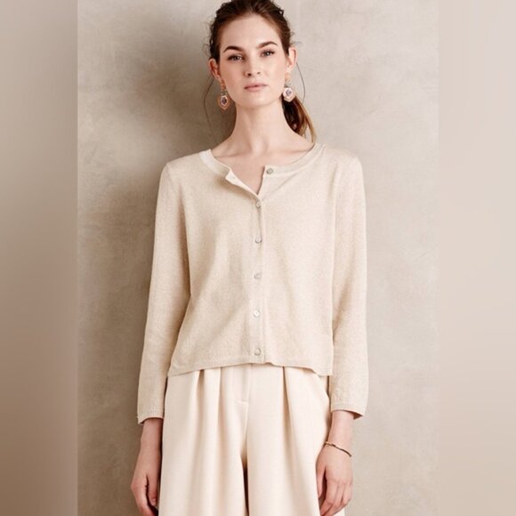 Anthropologie Knitted & Knotted Afterword Cardigan Sweater Beige Metallic Lace - Picture 3 of 16